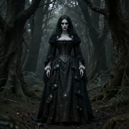 stunning full body baroque portrait, pale vampiric gaunt woman Helena Bonham Carter in mourning veil wearing a industrial victorian dress, symmetrical face symmetrical eyes, in a forest surrounded by dark hanging trees, sinister, priestess, witch, wicked, villain, detailed, atmospheric, dark gothic color scheme, cinematic, desaturated, 8K matte, rendered in octane