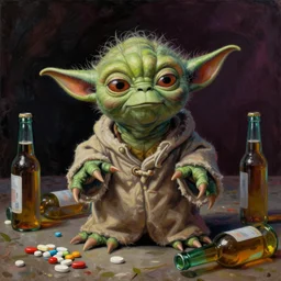 a surreal painting of drunk yoda, with pills and empty beer bottles scattered around him by Tim and Greg Hildebrandt, trending on Artstation, rich deep vibrant colors