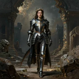 woman in dark princess dragon armor, walking on the mystical ancient ruins. by william henry hunt