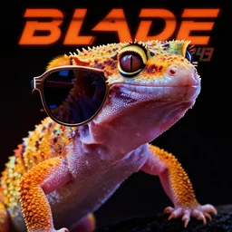 still of a poster with a close up photo of a real Gecko wearing sunglasses, black background, in the movie Blade Runner 2049, HD, neon lit, highly detailed, no text