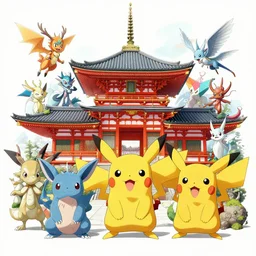 Japanese temple with Pokémon deities surrounding it, by Peter Max