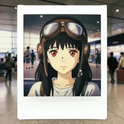a polaroid full body portrait of a very shy 1 9 5 0's aviator disney style girl, red eyes, finely detailed features, closeup at the faces, perfect art, in the airport yard, gapmoe yandere grimdark, trending on pixiv fanbox, painted by greg rutkowski makoto shinkai takashi takeuchi studio ghibli, akihiko yoshida,