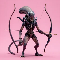 a xenomorph wearing a bow on a pink background, ultra realistic concept art, symmetrical, single subject, amazing composition, art station, 1 6 : 9 composition, geiger