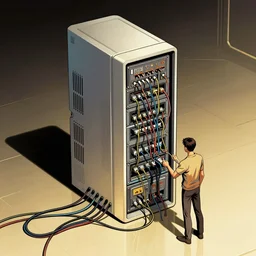 a comic illustration of a person connected to a computer console by wires, the console is tall and imposing, there are many cables on the floor, futuristic, golden age of sci-fi, steampunk, neon colors, clean linework, art by Moebius