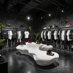 gothic!!! venta black nike boutique flagship retail. gothic styled black interior. white sensual flowing furniture!!! with colorful shoes and varied clothes. low ceilings with rails and spots. plants. muted colors. architectural photography, 8 k, realistic lighting, reflections, bloom, hyperdetailed environment, pbr materials.