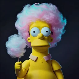 dramatic lighting photo of a beautiful homer simpson with cotton candy hair. paint splashes. moody and melancholy. with a little bit of cyan and pink