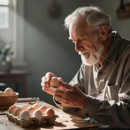 grandpa examining eggs | anaglyph