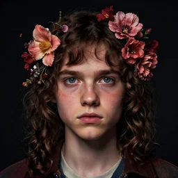 portrait of Eleven from the stranger things by (((Marco Mazzoni ))) marco mazzoni ,dark ,detailed!! ,(((flowers on hair))) ,portrait,