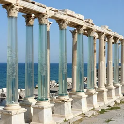 high-quality photo of an ancient city made of glass and marble roman style columns in repeating geometric fashion encroached on by the sea