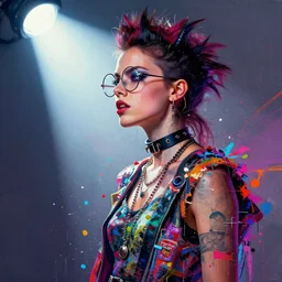 a punk girl wearing circular glasses, wearing a choker and necklaces, side portrait, defiant, passionate, spotlight, paint drips, glitching paint splatter, vibrant colors, dramatic, brush strokes, collage, textiles, futuristic clothing, digital painting, by marco paludet, by jeremy mann, by hannah hoch