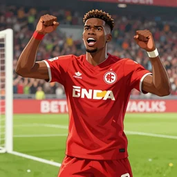 front picture football player terrence boyd in a red jersey of the 1.fc kaiserslautern celebrating a goal, anime style, looks like it´s from borderlands, very highly detailed, sunny weather