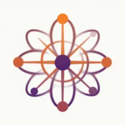 a logo design based on electron oribals, radial symmetry, simplistic, orange and purple color scheme