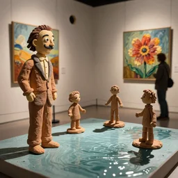 plasticine sculpture stop motion. john craxton. salvador dali clay models. visitor. shadows. gallery painting of flower. water floor. room with a hole in wall. high detail. photorealistic