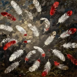 hundreds of white and red feathers in the air by caravaggio and rembrandt, oil painting, hyper detailed