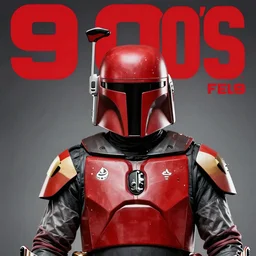 boba fett in red, 9 0's. studio photo. magazine cover with text.