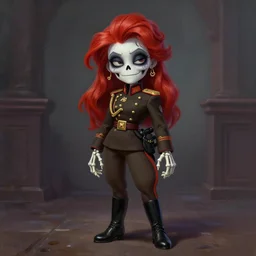 cute & beautiful smug smiling undead skeleton girl with very attractive face and red hair dressed as a soviet mitary officer, elegant, digital art, fullbody painting, fantasy, pixar style, painting, pin up, highly detailed, artstation, art by artgerm, vrubel, greg rutkowski, ilya kuvshinov, raymond swanland