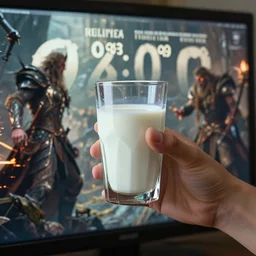 synth on the screen holds a faceted glass of milk in one of his hands, realism, reflections, action scene, epic fantasy, artgerm and greg rutkowski and alphonse mucha, epic fantasy, volumetric light, detailing, staged shot, epic fantasy, cinematic, photorealistic, ultra - realistic, trending at art station, octane number, monthly average