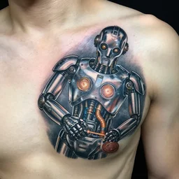 chest tattoo of a maintenance slap in the skin with a shiny chrome robot mechanic with glowing steampunk tubes inside under the skin, insanely integrate,