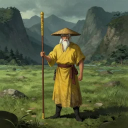 a chinese battle monk, wearing a faded yellow toga, a straw hat, holding a wooden long staff that is perpendicular to the floor, long white beard, beautiful valley with a meadow and dozens of mountains, lots of shading, dark shadows, full body shot, drawn in the style of dungeons and dragons