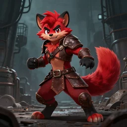 a handsome weasel bandit furry red - and - black male fursona animal character < with a tail >, leather armor, smirking, mid - action pose on a gritty industrial background by peder balke, dark industrial fantasy, furry art, deviantart contest winner, tumblr contest winner, fursona has a ^ tail * tail *