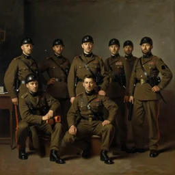 american soldiers posing in a room, dark room, oil painting by rembrandt, masterpiece, detailed