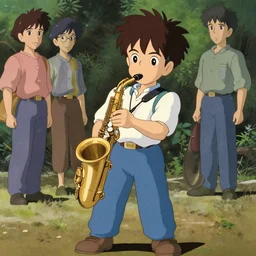 a film still of a 1 9 5 0's cute boy plays on saxophone beautiful colours japan anime cartoon style high detailed, finely detailed features, full body shot, perfect art, painted by gaston bussiere, makoto shinkai, akihiko yoshida, gaston bussiere, craig mullins, studio ghibli