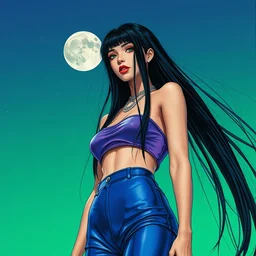 longest black hair, blue latex pants, purple croptop, two moons, acid green sky. highly detailed, digital painting, watercolor, soviet realism, engraving, artstation, concept art, smooth, sharp focus, vivid grunge, manga, illustration, unreal engine 5, 8 k, art by bilibin and kilian eng and kuvshinov and malevich and mucha