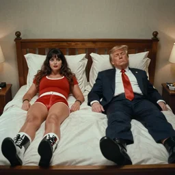 stormy daniels wrestling donald trump on a bed directed by wes anderson, cinestill 8 0 0 t, 1 9 8 0 s movie still, film grain