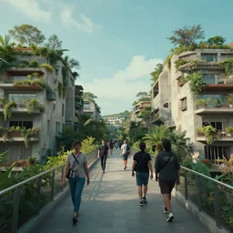 a cinematic wideangle photograph of people walking through a utopian city walkway on top of buildings, green plants, blue sky, beautiful lighting