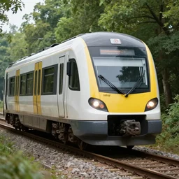 modern train in the woods, realistic photograph, 4 k hd