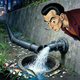 1 9 7 9 omni cover of a sewer pipe near spewing fish and trash near a seawall in tokyo. art in cyberpunk style by dali, and vincent di fate
