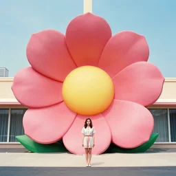 giant flower head, girl standing, 1 9 6 0 s hotel, surreal photography, centered frontal, symmetry, mid century, bright colours, wes anderson