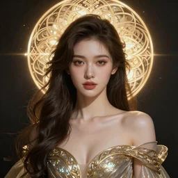 young woman, fantasy, intricate, highly-detailed, elegant, dramatic lighting, glowing halo, gorgeous face, sexy gown, lifelike, photorealistic face, digital painting, artstation,  illustration, concept art, smooth, sharp focus, art by John Collier and Albert Aublet and Krenz Cushart and Artem Demura and Alphonse Mucha