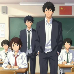 high school classroom scene spring setting, expert high detail concept art, perfect proportions fine face, tall handsome guys, vivid colors, sharp focus, high contrast, realistic shaded lighting poster kazue kato, makoto shinkai, loish and clamp style, expert artist, pop undertones