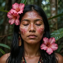 a beautiful portrait of a beautiful indigenous woman with eyes closed in the amazon jungle surrounded by pink flowers, face paintings, matte painting, by christophe vacher