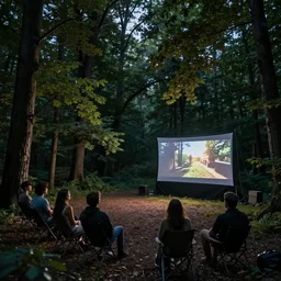 outdoor cinema in the forest at night