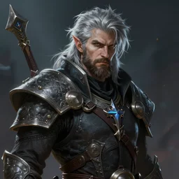 an epic fantastic realism comic book style portrait painting of an aasimar warlock, mid thirties, male, shaggy silver hair, short brown beard, d & d concept art, unreal 5, daz, petrol aesthetic, octane render, cosplay, rpg portrait, dynamic lighting