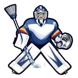 janitor holding broom in goalie pose, vector logo, professional NHL sports style, flat bright colours, SVG, professional, sharp edges