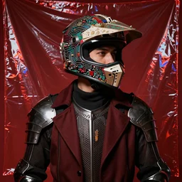 portrait of a knight in a ornate motorcycle dirt helmet circuitboard, background red synthesized hologram net plastic bag, rich deep colors,. masterpiece, i elegant fashion studio ighting 3 5