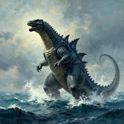 kaiju rising from the ocean, in the style of fitz henry lane