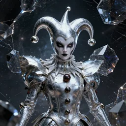 impressive beautiful front shot photo of a court jester character fine portrait fine portrait mesmerizing fractal hyper cubes platinum cracked dark future hyper dimensional space galactic crystal nebula edges elegant detailed intricate concept artstation sharp focus ray tracing cinematic masterpiece temporal corruption beeple wlop germ 8 4 k scifi glossy hyper realistic illustration