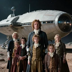 sharp, highly detailed, film from a 2 0 1 9 sci fi 1 6 k movie, set in 1 7 6 0, a family standing in front of their spaceship that has just landed on an alien planet, all wearing 1 7 6 0 s clothes, atmospheric lighting, in focus, reflective eyes, 3 5 mm macro lens, live action, nice composition