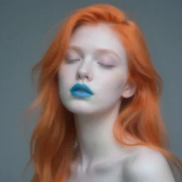 motion blur!!!!! out of focus photorealistic portrait of a beautiful aesthetic pale young woman by sarah moon, orange hair, azure lipstick, very blurry, translucent white skin, closed eyes, foggy
