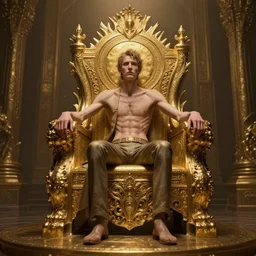 portrait of a lonely thin man sitting on a golden throne, intricate, detailed, wide lens, unreal engine, fantasy art by greg rutkowski