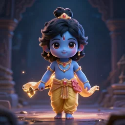 little lord krishna, full body, anime, chibi, illustration, concept art trending on artstation, devainart, clear face, cinematic lighting, atmospheric, magical effect, glowing effect, hd, hyperdetailed, hyperreal
