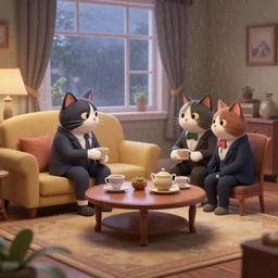 cats in suits talking about the weather during the tea time at the living room, 3d scene, render, ultra realistic, zenith view, Greg Rutkowski, artstation, cgsociety, level design, unreal engine, 3d scene, render, ultra realistic, Enki Bilal style