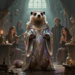 epic professional digital art marmot wizard wearing iridescent robes in apothecary lab with pale light through upper windows, faint ambient light, painted, magical, mythic, detailed, intricate, leesha hannigan, wayne haag, reyna rochin, ignacio fernandez rios, best on artstation, cgsociety, epic, stunning, gorgeous, much wow, cinematic