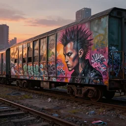 a punk painting graffitis on a train wagon full of graffitis in an abandoned train yard at sunset, cyberpunk city, melancholic atmosphere, matte painting, revok, jonone, epic masterpiece, romanticism, cope 2, digital art, ultra detailed, trending on artstation, marc simonetti,