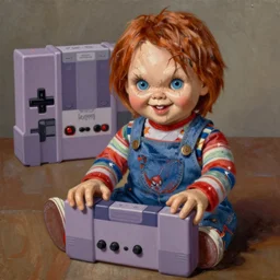 the doll chucky playing super nintendo, oil painting, by greg rutkowski