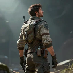 an intricate concept art of a explorer man with accessories looking up, standing, back - view, anime style, global illumination, digital art, photorealistic movie still, style ivan talavera and artgerm, hyper realistic, photorealistic, octane render, trending on artstation, cgsociety, cinematic light, 8 k